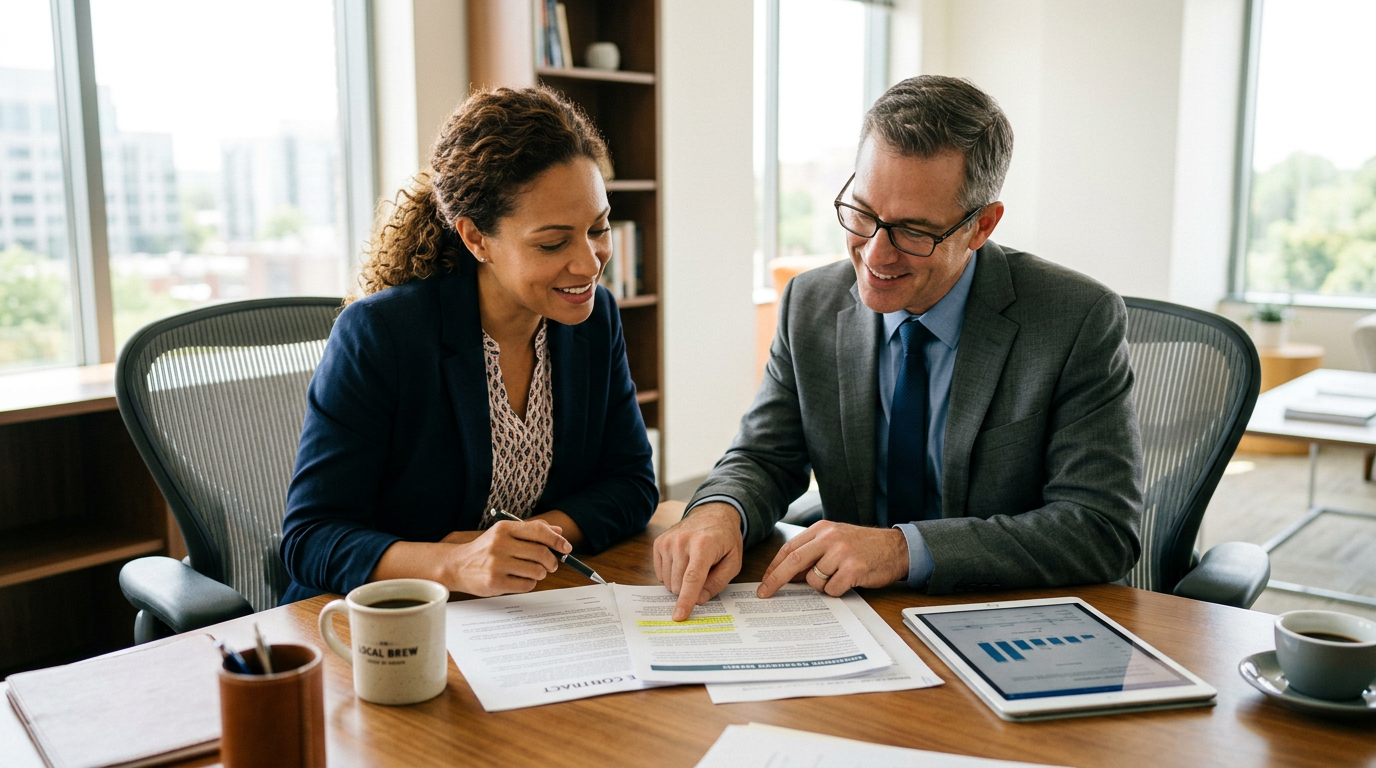 A business owner and an advisor reviewing a printed research memo and contract together at a meeting table