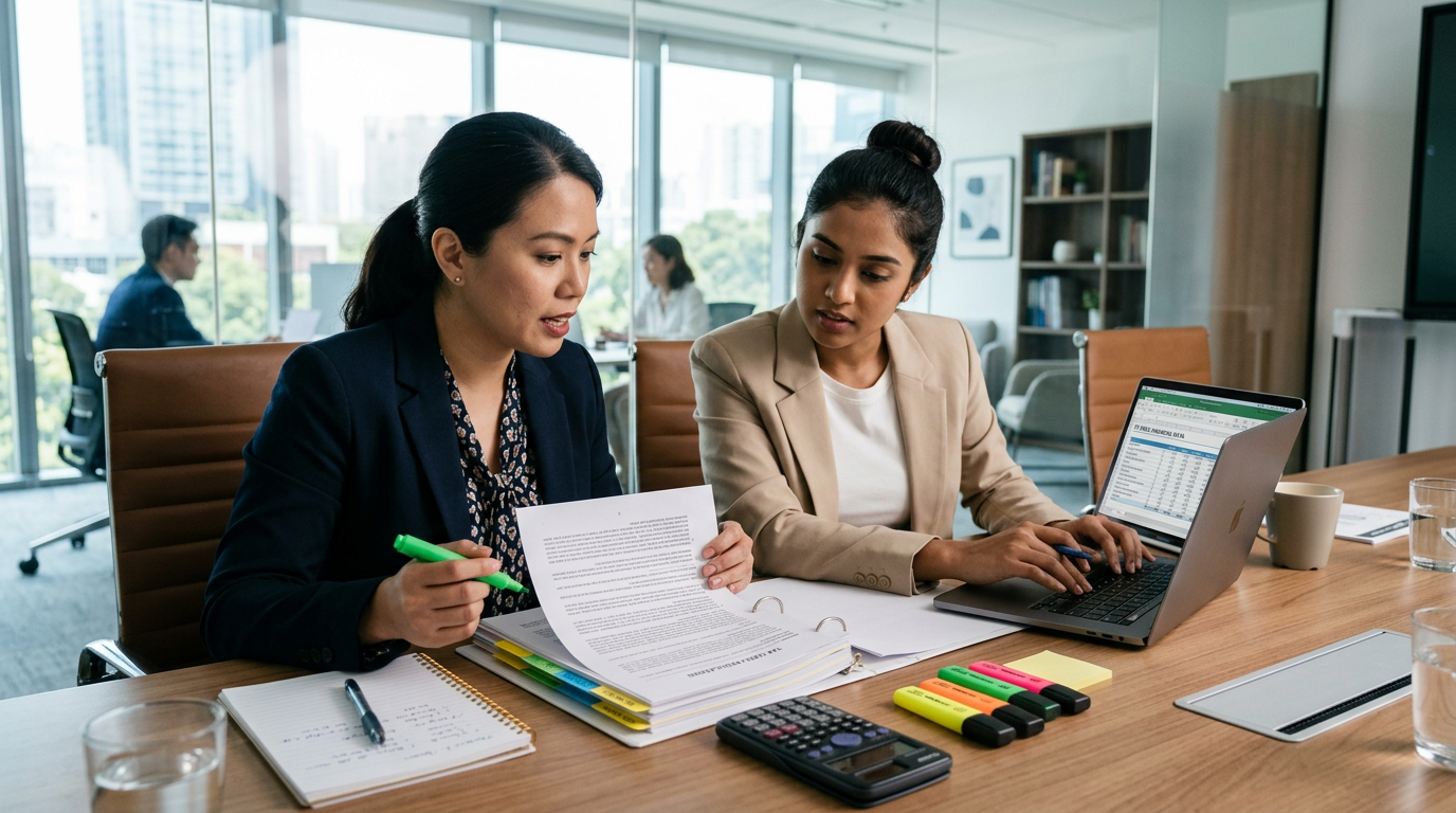 Two tax professionals comparing a printed tax regulation with a financial spreadsheet on a laptop
