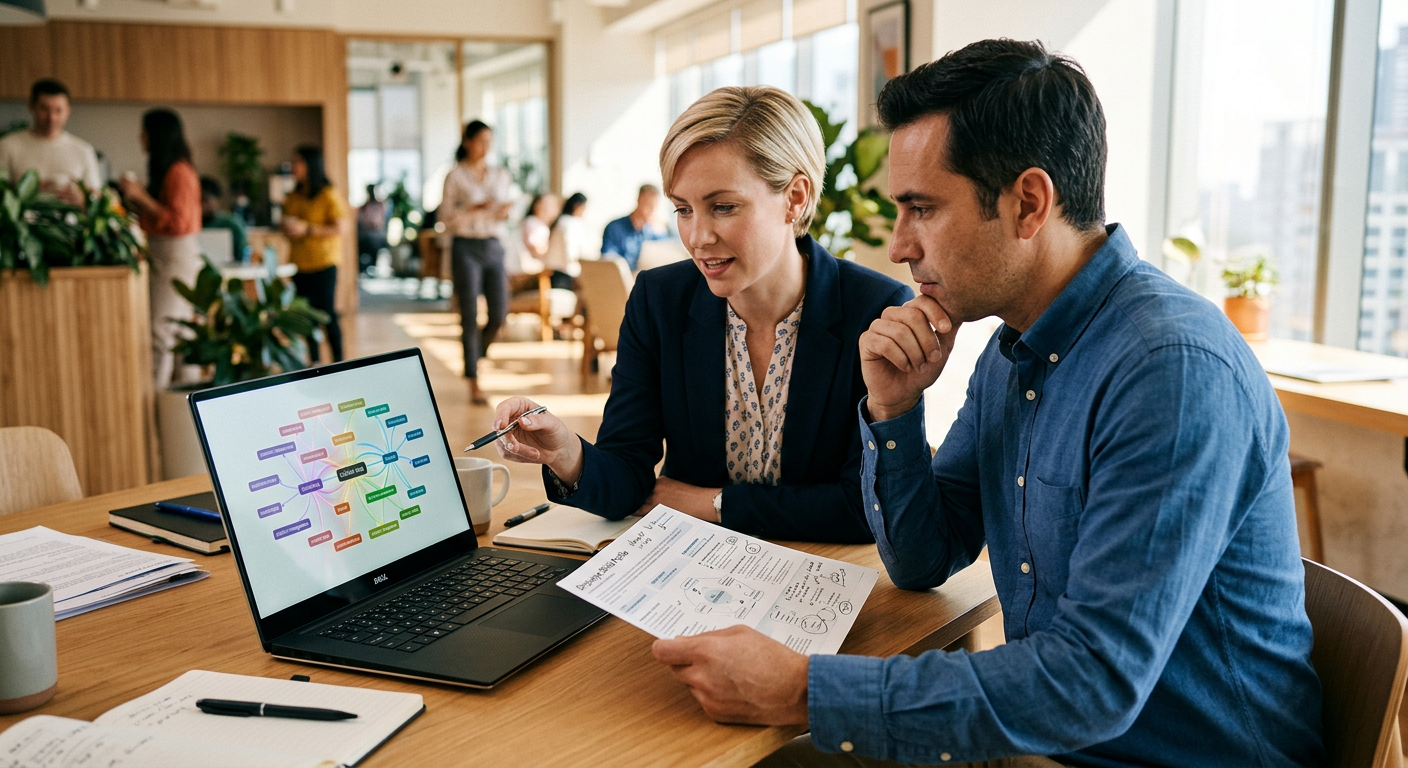 An HR professional and a manager reviewing a skills map dashboard on a laptop beside a printed employee skills profile