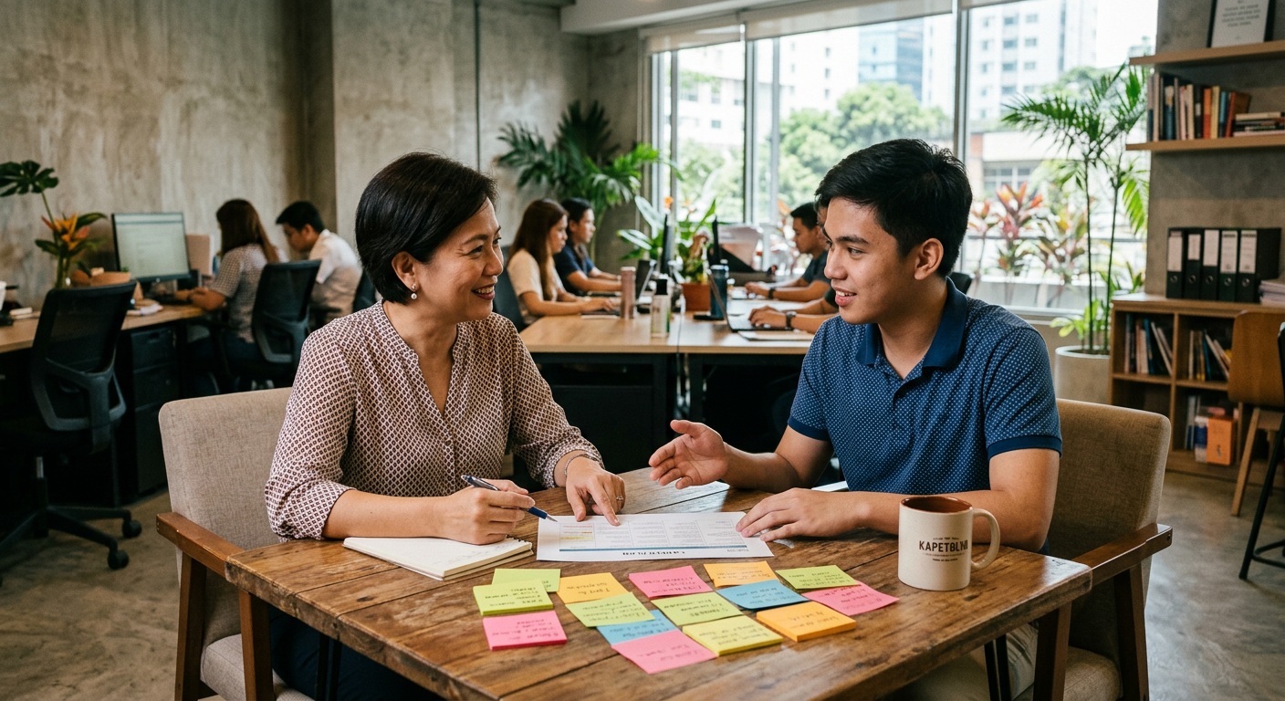 A mentor and a young employee reviewing a printed development plan and skill notes during a one-on-one conversation