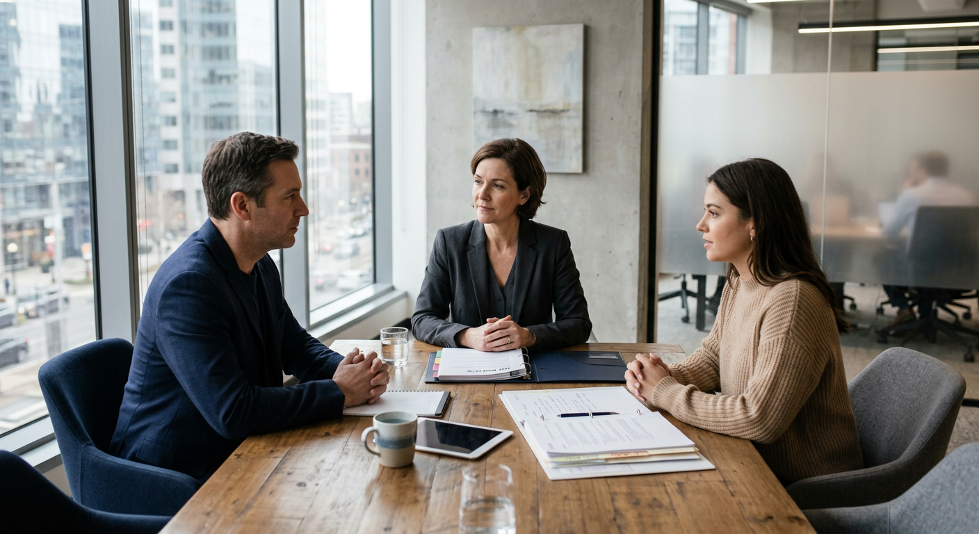 An HR professional seated between a manager and an employee at a meeting table with policy documents