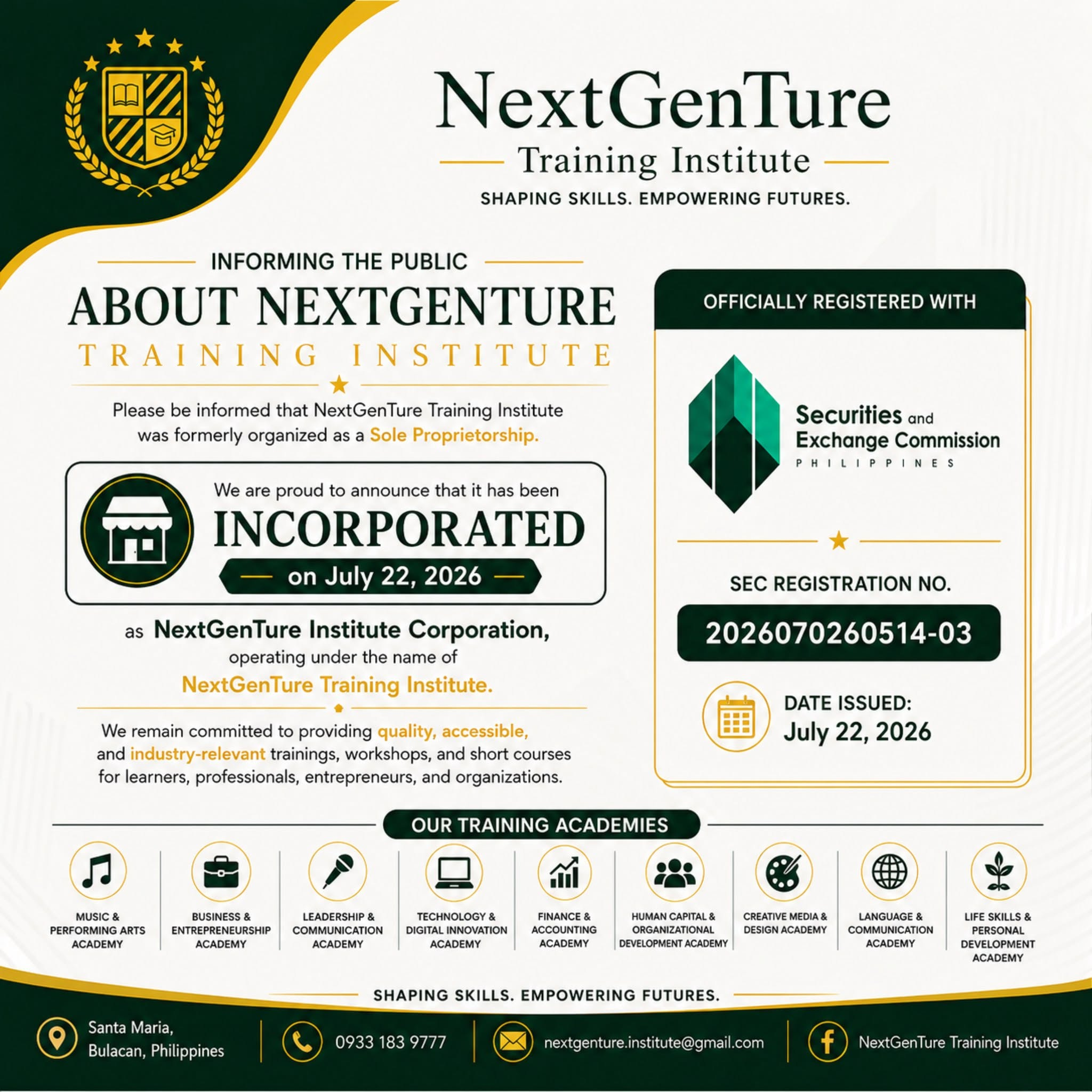 NextGenTure Training Institute announcement: formerly a sole proprietorship, incorporated on July 22, 2026 as NextGenTure Institute Corporation, SEC Registration No. 2026070260514-03, with its nine training academies.