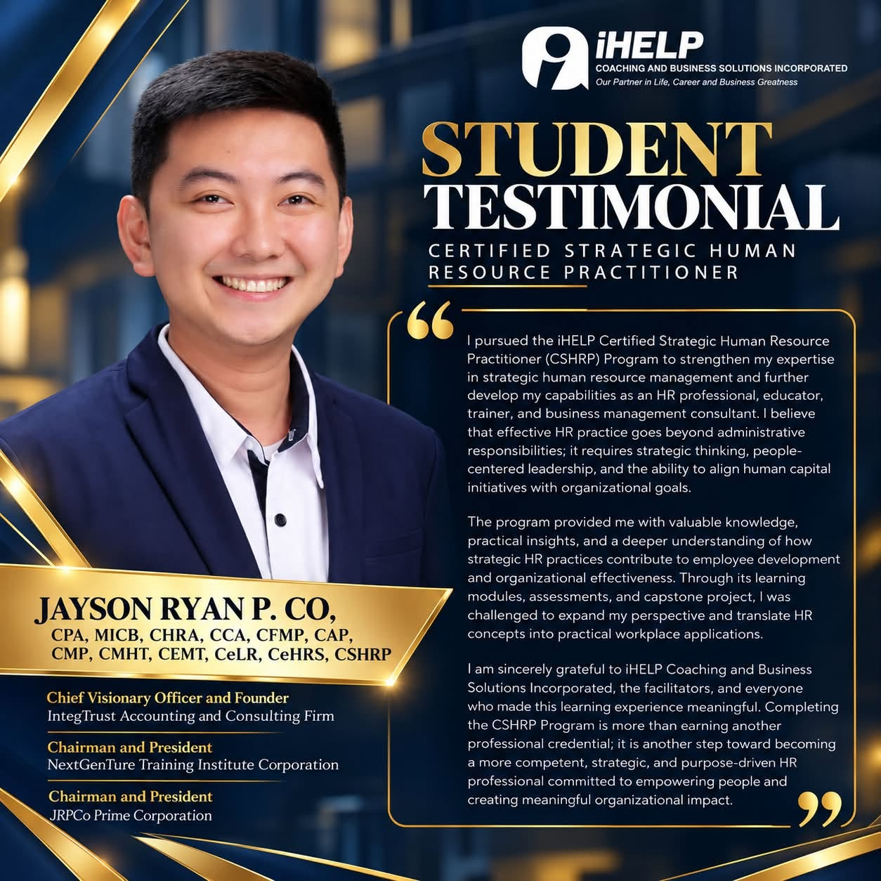 iHELP Coaching and Business Solutions Incorporated student testimonial for Jayson Ryan P. Co, Certified Strategic Human Resource Practitioner (CSHRP)